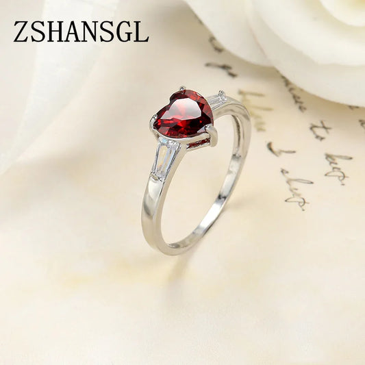 Romantic Silver Color Red Heart Pave Crystal CZ Finger Rings for Women Fashion Wedding Engagement Jewelry