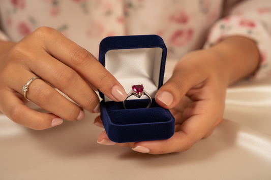genere une femme qui met ouvre un ecrin a bague et qui met la bague sur son doigt, la femme a une peau lice et un peu  mate. la bague est en argent avec un coeur rouge au dessus